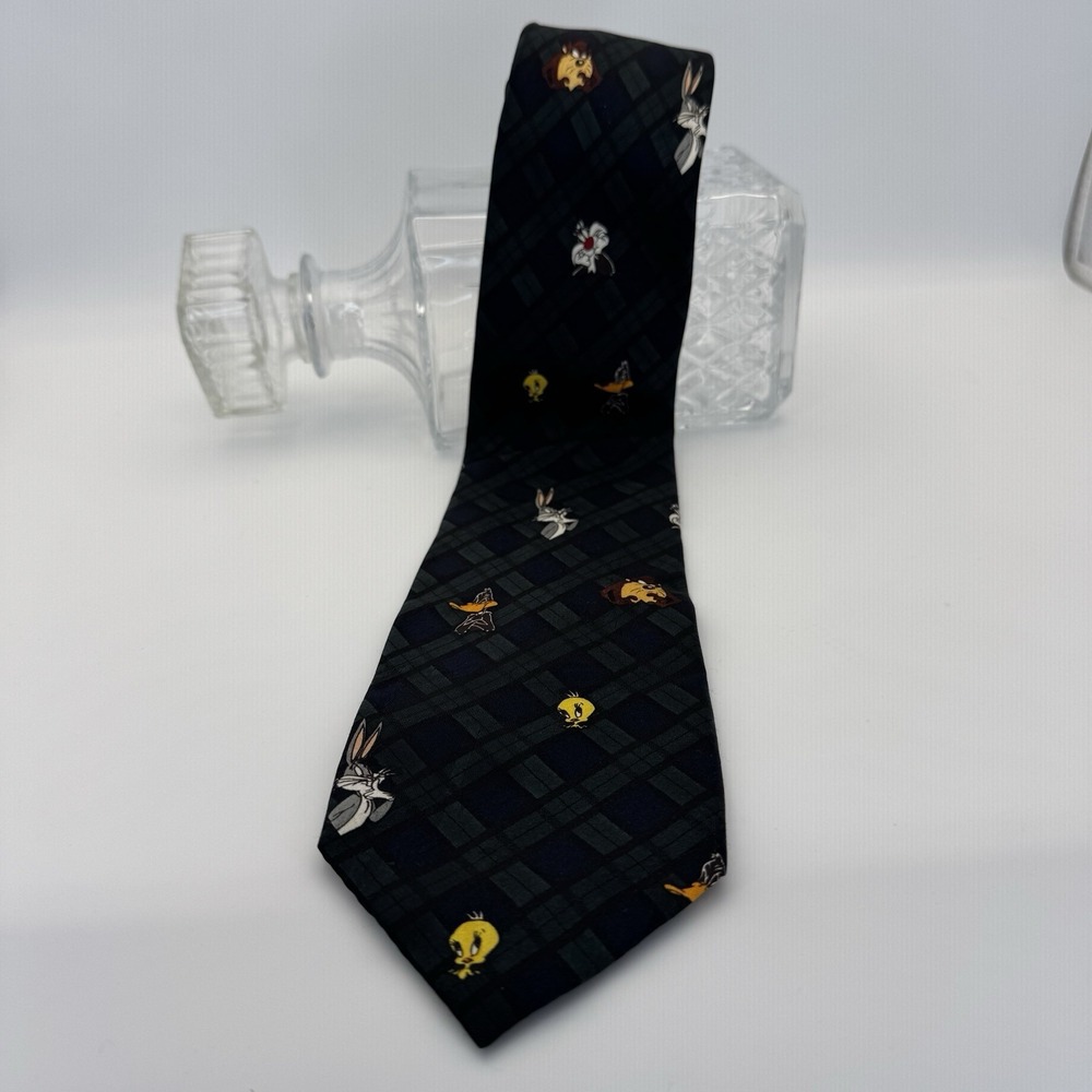 VTG 1993 Looney Tunes Tie Blue Plaid Mania Tweety Taz Daffy Bugs Sylvester 90s